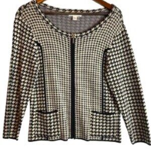 COLDWATER CREEK WOMENS CREAM/BLACK HOUNDSTOOTH ZIP UP CARDIGAN SIZE P10